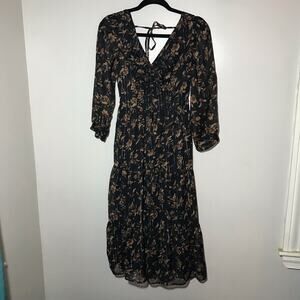 Fairy grunge black floral print v neck maxi tiered dress gold metallic stripe S